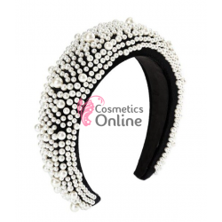 Bentita deosebita pentru par din catifea cu Perle Albe BTP009 - Neagra